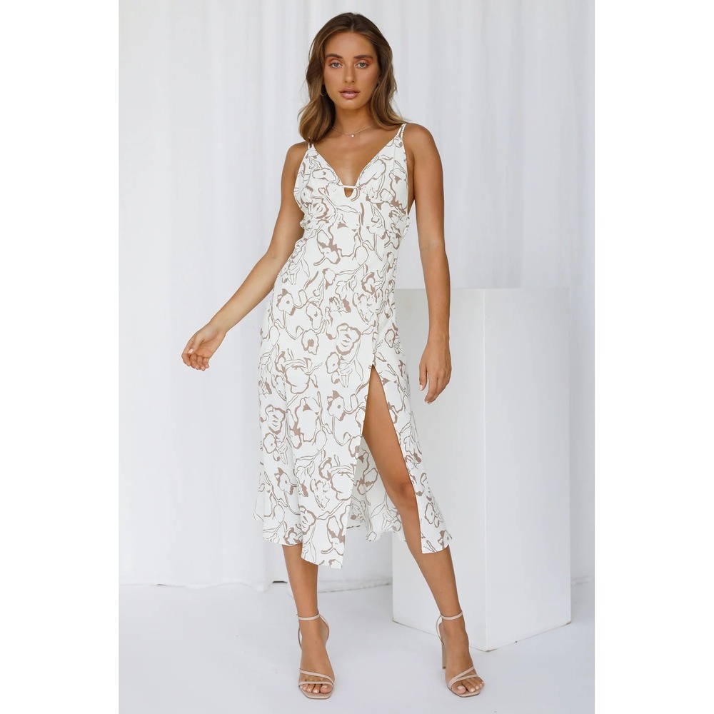 Sundae Muse Side Slit Patterned Midi Dress Brown White Size US 2 Resort Vacation